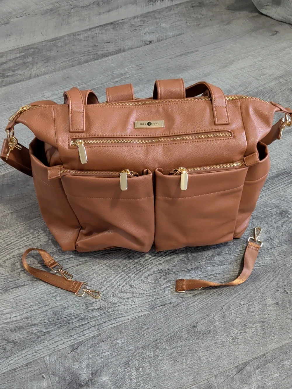 Tan Vegan Leather Baby Diaper Bag Tote Backpack with Multiple Front Pockets